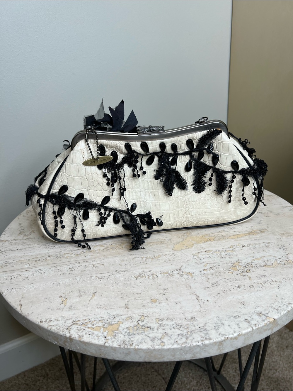 Black & White Floral Applique Evening Clutch - Picture 11 of 12